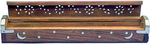 12" WOODEN COFFIN INCENSE BURNER W/ METAL END- MOON & STARS INLAY